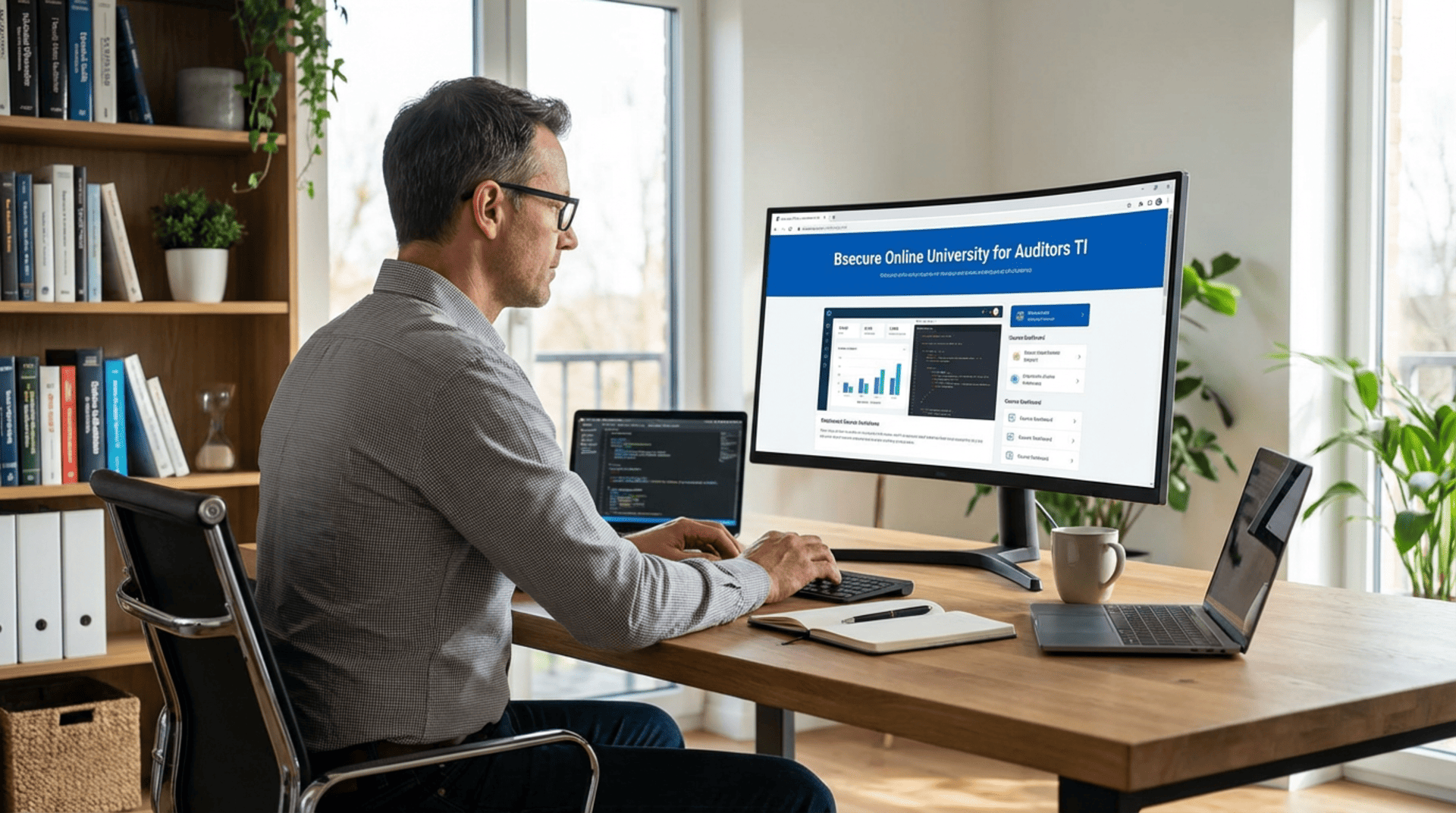 a professional auditor in his work environment, with the screen highlighting the "Bsecure Online University for IT Auditors" banner,